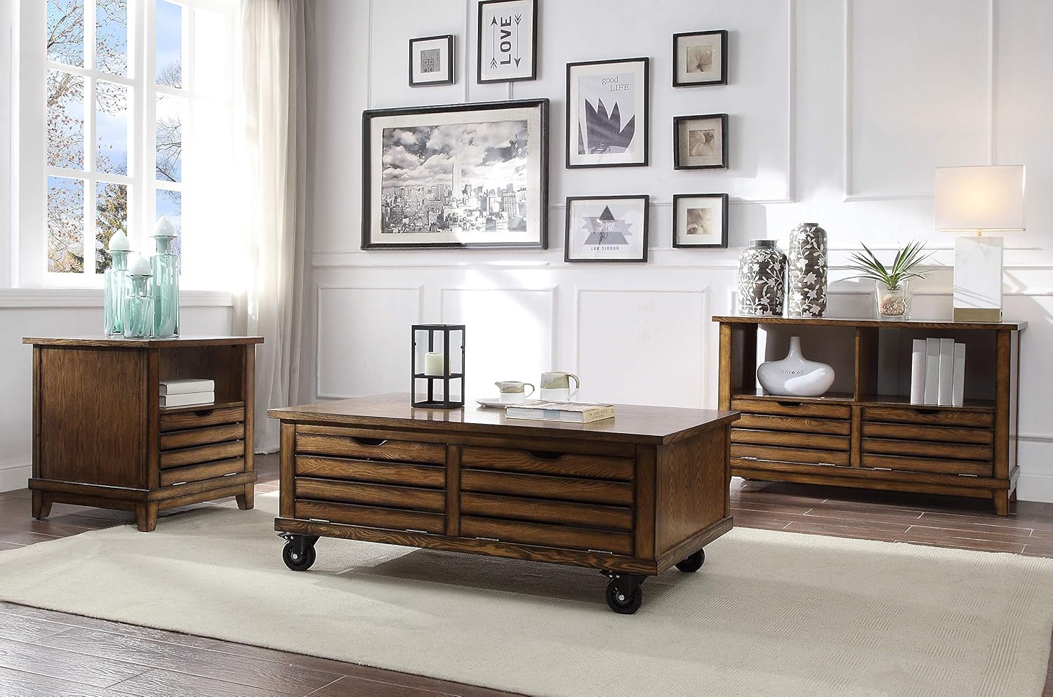 Acme Gabriella Rectangular Wood Coffee Table with Drop-Down Doors in Oak