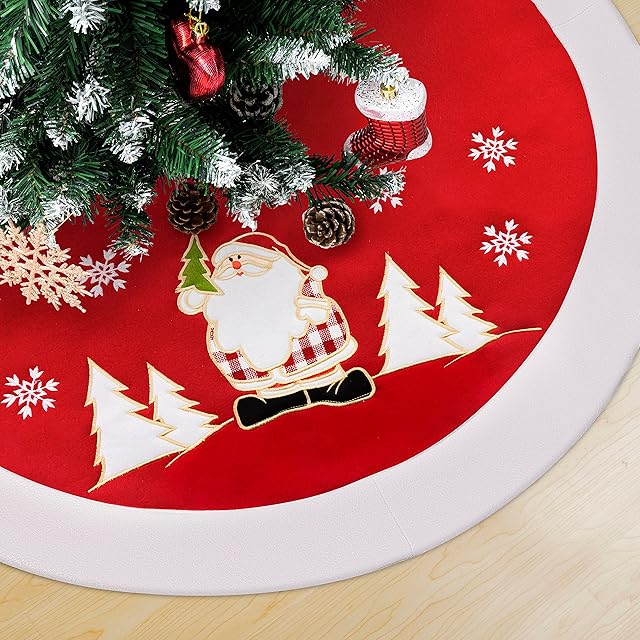 Christmas Tree Skirt Red 36"/90cm Santa Claus Velvet Xmas Tree Skirt Tree Base Cover Mat for Christmas Decorations