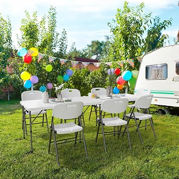 VINGLI 34 Fold in Half Square Table, Bi-Folding Commercial Portable Plastic Dining Table for Kitchen Outdoor Party Wedding Event, White