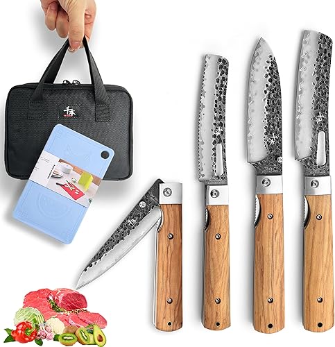 SENBON Juego de 4 piezas de acero inoxidable forjado 440 envuelto para regalo, cuchillo de chef japonés plegable de bolsillo afilado, cuchillo de