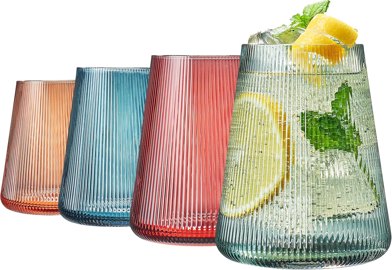 Stemless German Design Ribbed Colored Wine Glasses | Set of 4 | Premium 13.5oz, Crystal Premium Modern Glass | Cup For Red & White Wine, Durable Drinking Glasses, Gift Idea for Men or Women, Gift Box