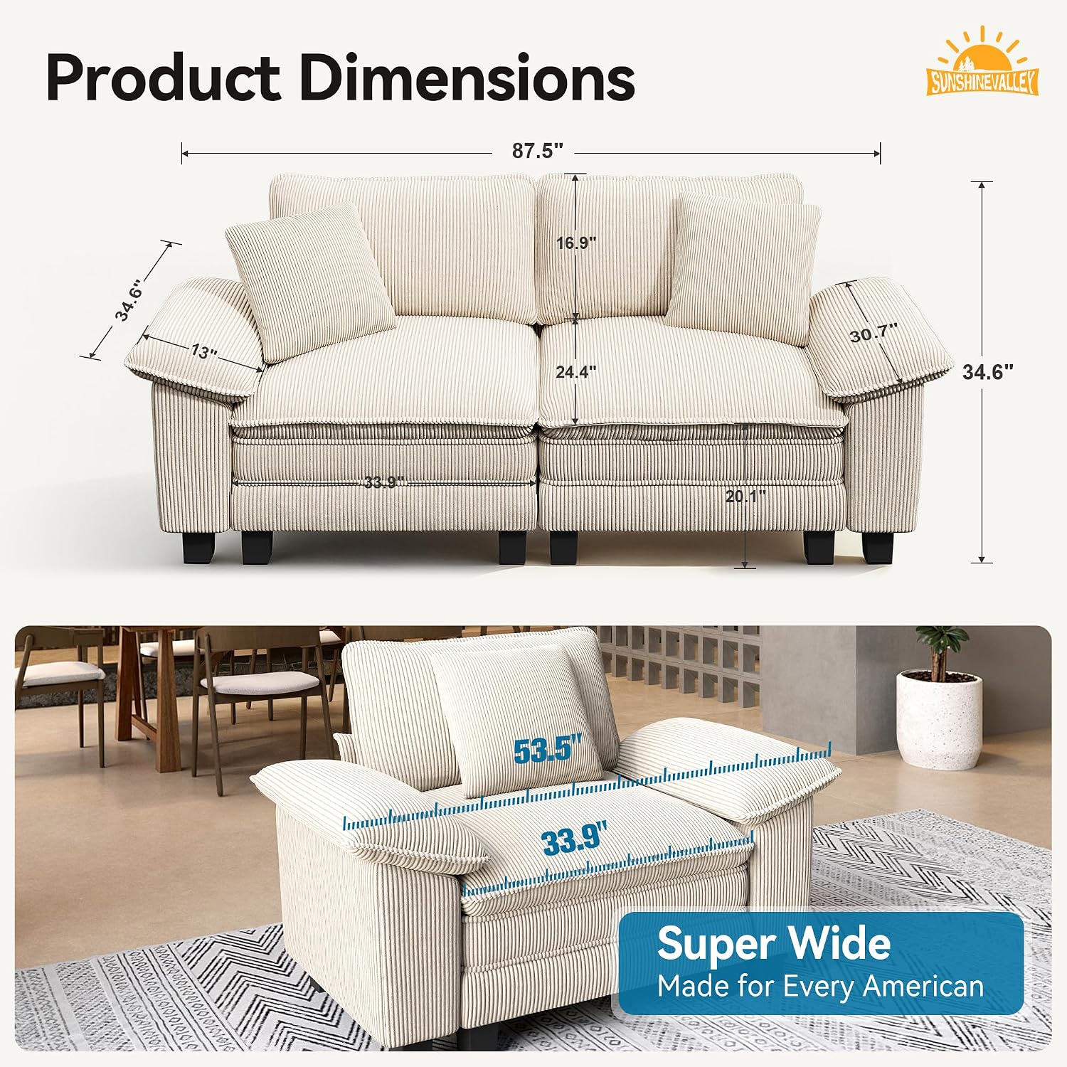 SUNSHINE VALLEY Modular Loveseat Cloud Sofa, 87.5'' Oversized Corduroy Sectional Couch with Wider Armrest and Pillow, 2 Seat Upholstered Modern Love Seat for Living Room Bedroom, Beige