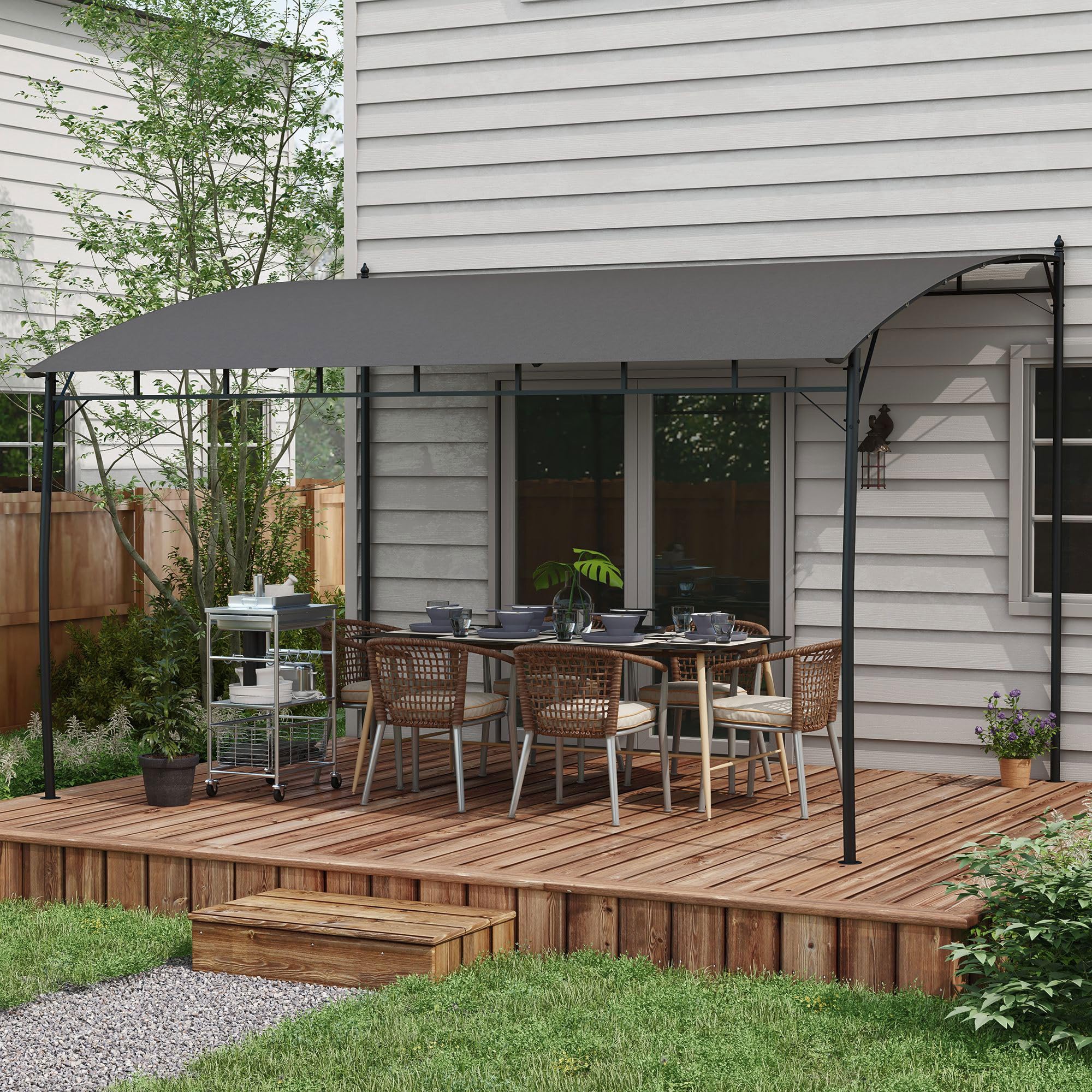 Outsunny Pergola Gazebo Metallica Tettuccio Poliestere 12 Fori Drenaggio 400x296x200/262 cm Grigio Scuro