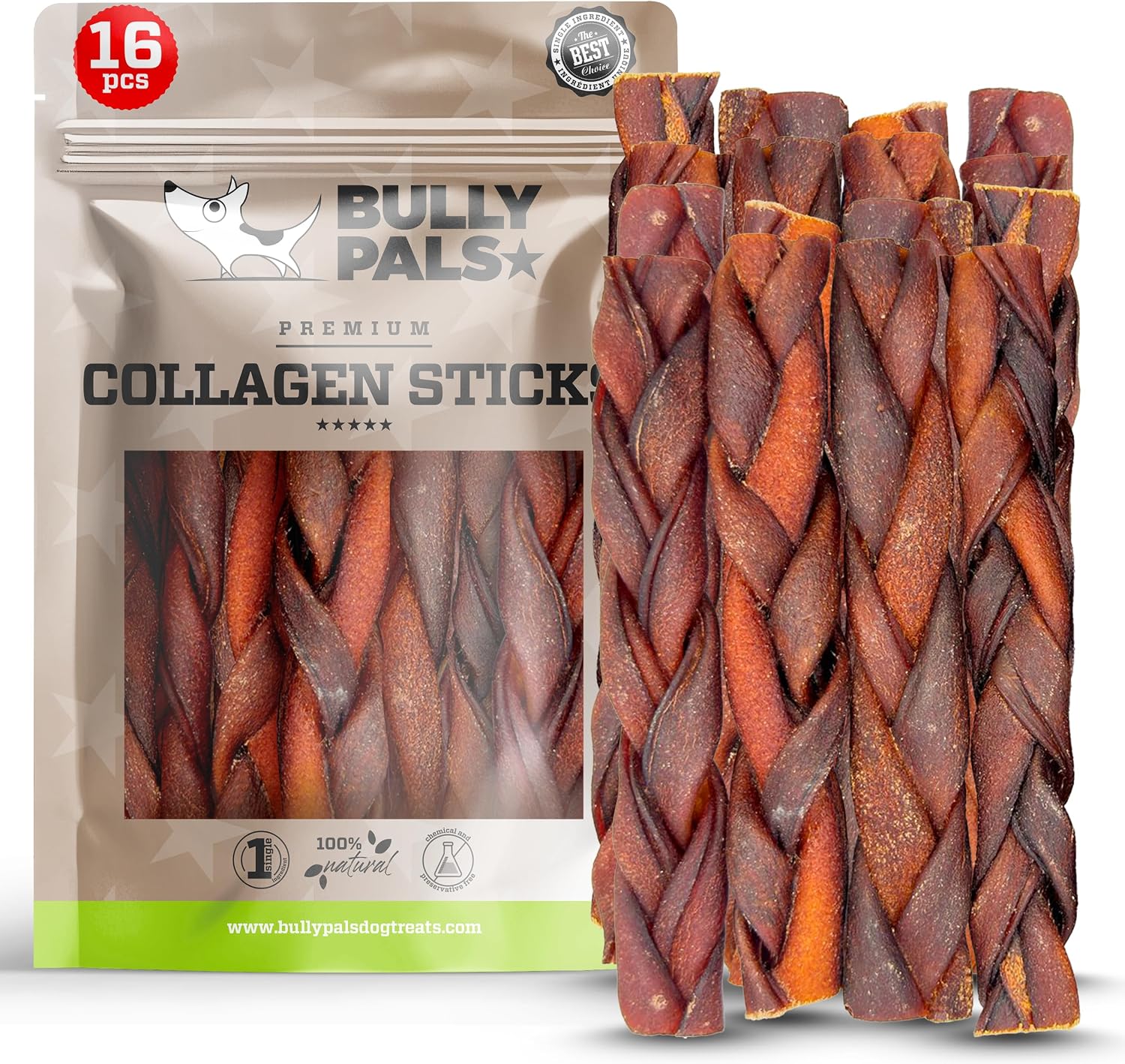 6 inch Braided Beef Collagen Sticks for Small to Medium Dogs - Dog Dental Chew - 16 Pack - Odour Free, Rawhide Free, Long Lasting Alternative to Bully Sticks, All Natural, Protein Rich