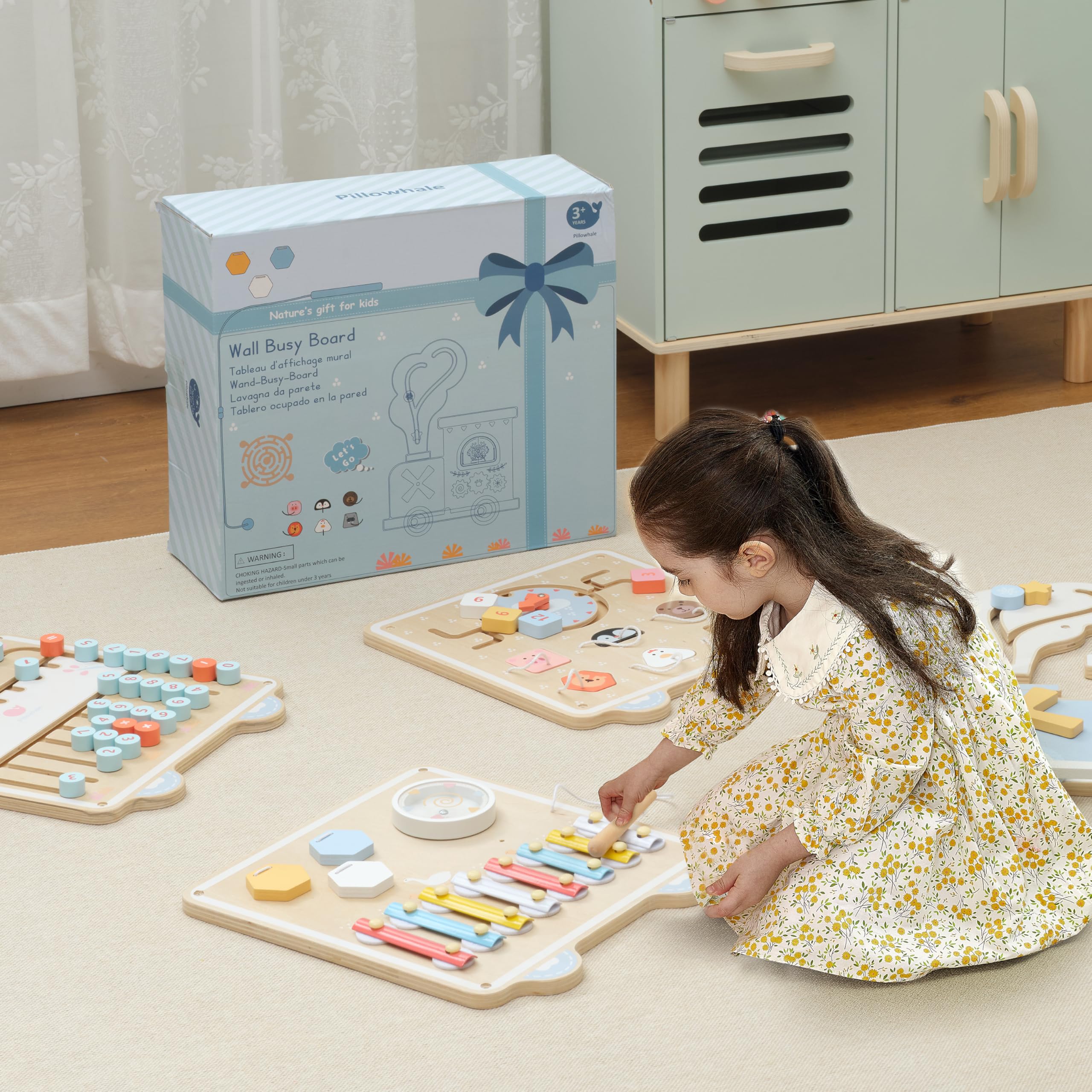 Tabla de actividades de tren de pared, juguetes sensoriales Montessori de madera, centro de actividades de aprendizaje 12 en 1 para sala de juegos, guardería, guardería, aula, juguetes 7