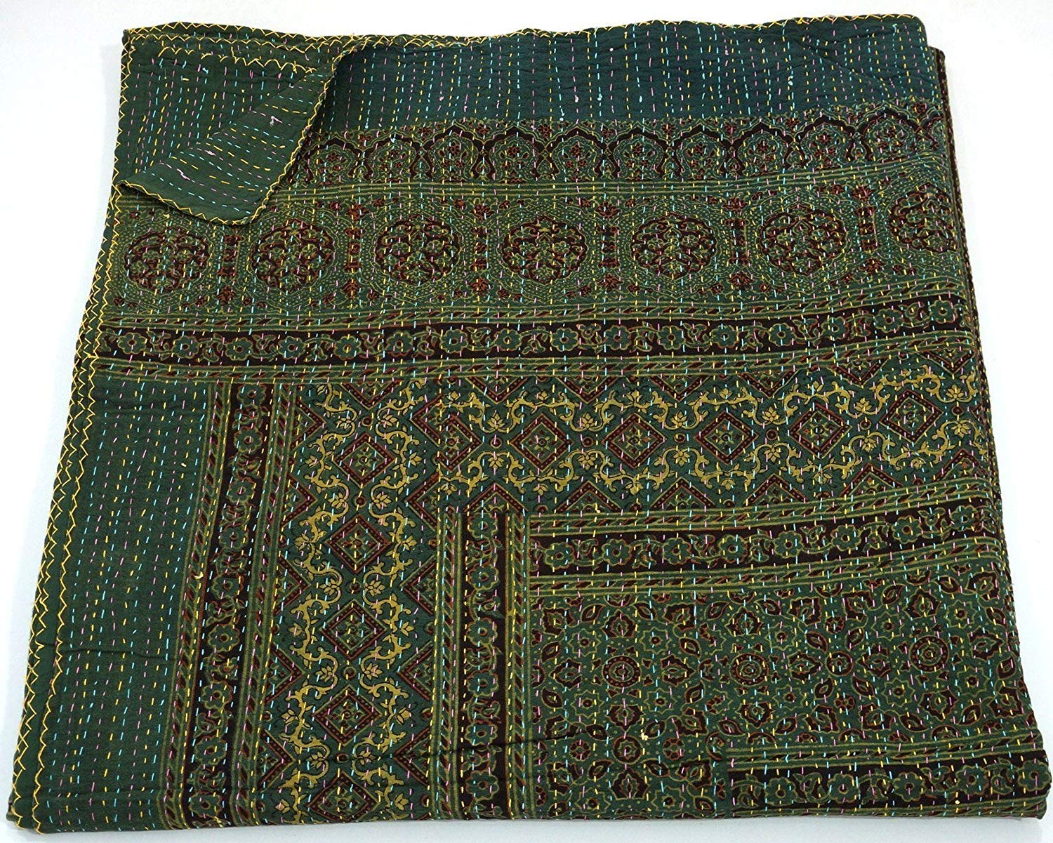 Sophia-ArtCalifornia King/King/Twin Size Bohemian Hand Block Ajrak Vintage Print Bedspread Kantha Blanket Bed Cover, Sofa Cover Hand Stitch Throw Quilt (Green, King 90108 Inches)