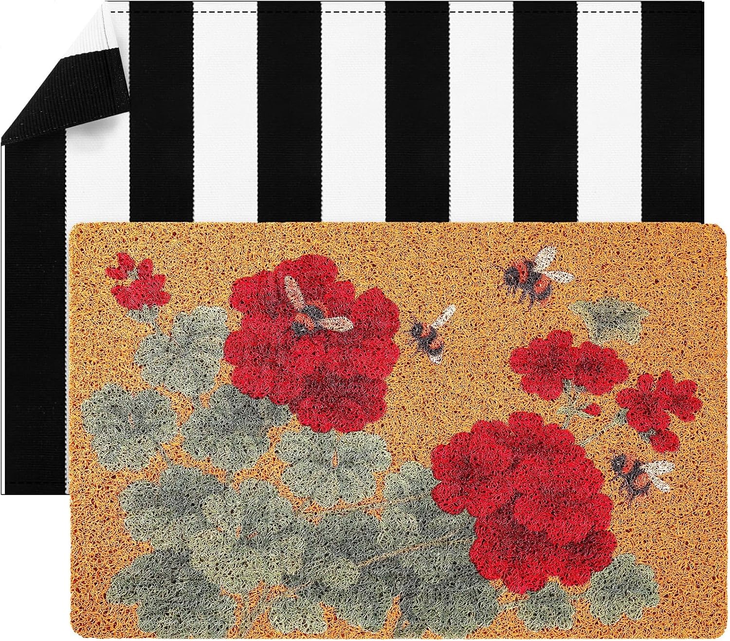 Duraaamo 2 Pcs Hello Spring Welcome Door Mat Floral Wildflower Coir Mats Layered Front Door Rugs Black & White Check Non Slip Floor Mats for Porch Entryway Indoor Outdoor Decor