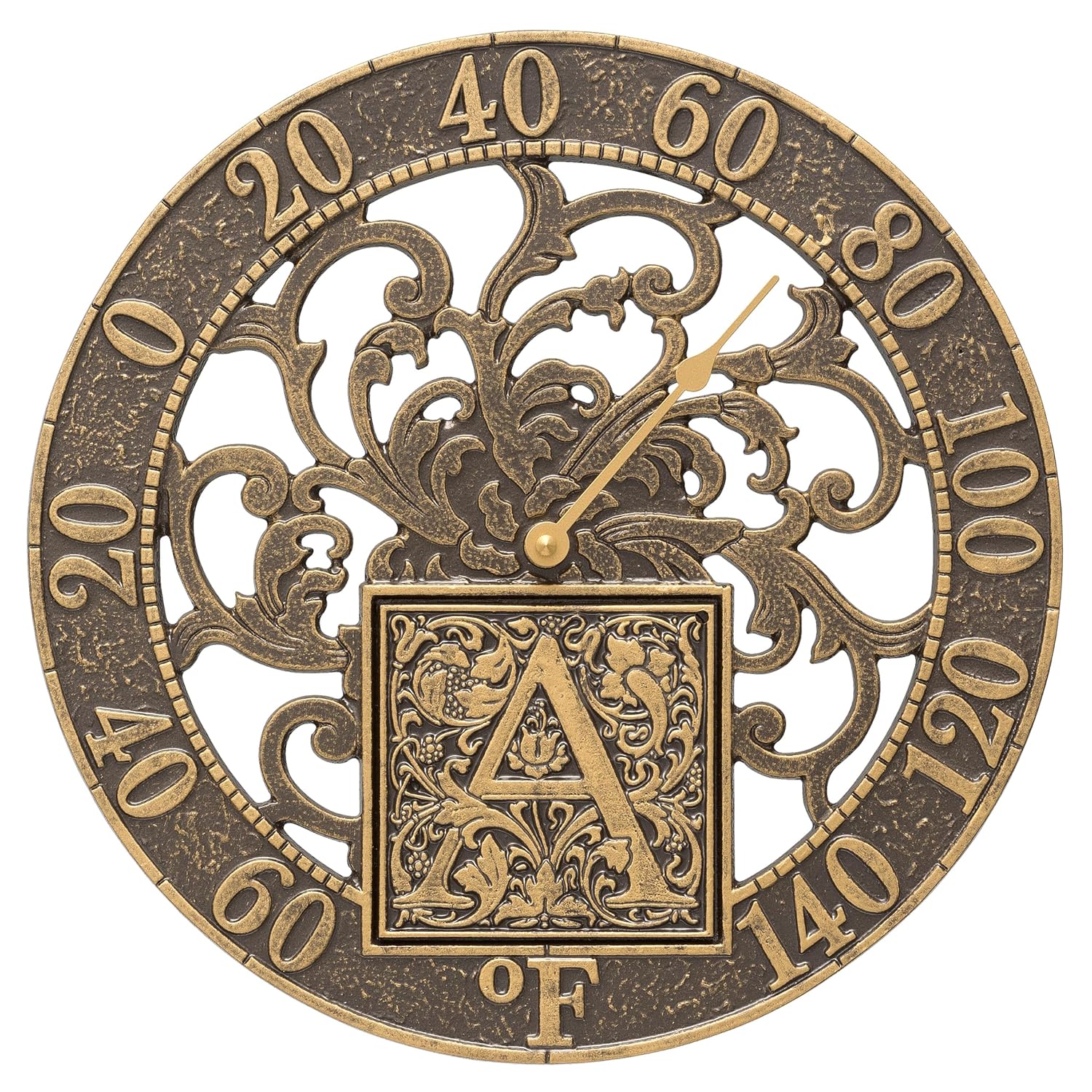 Silhouette Monogram 12" Indoor Outdoor Wall Thermometer Made from Solid cast Aluminum. Personalized with Monogram Letter