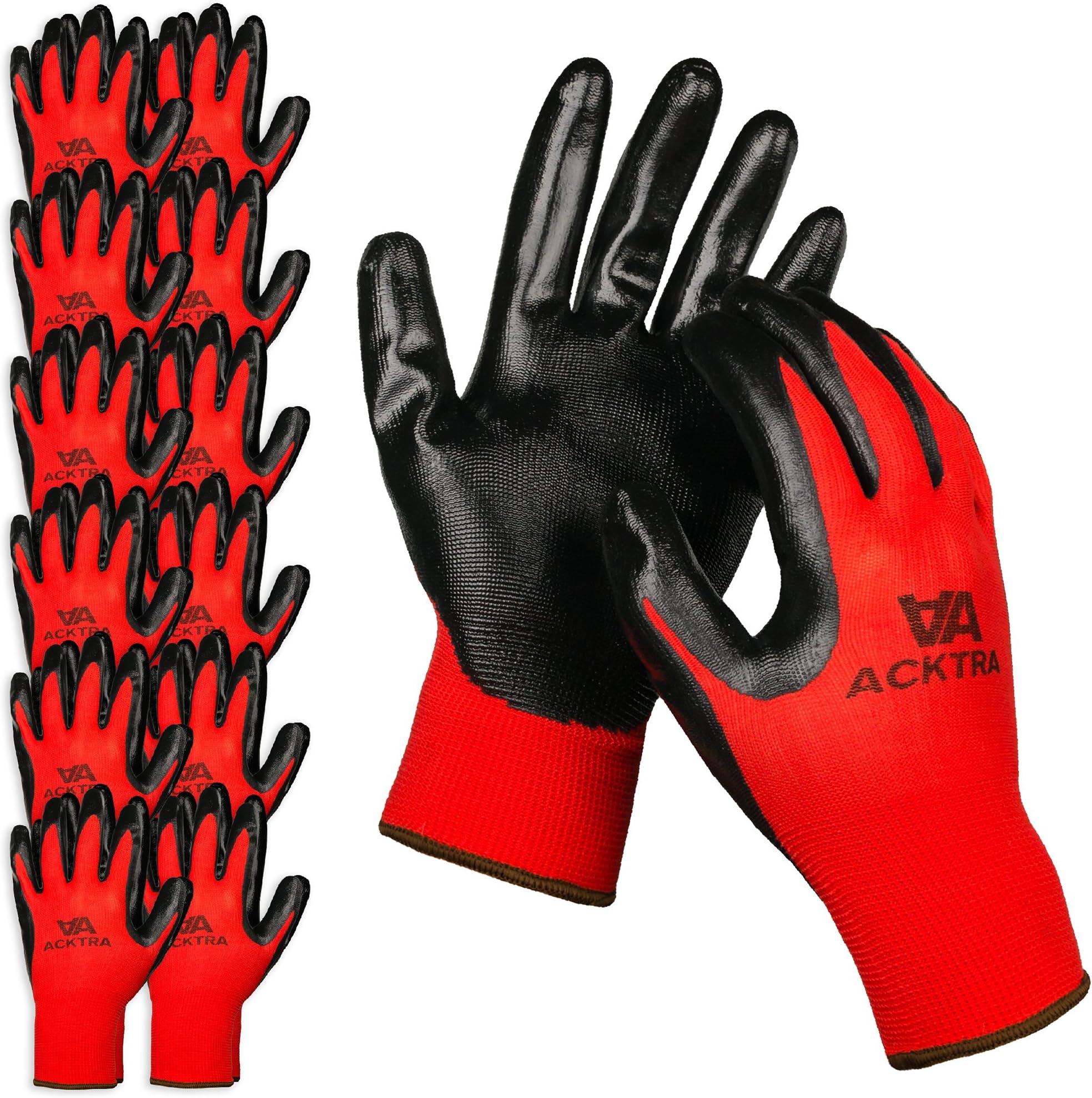 ACKTRA Nitrile Coated Safety WORK GLOVES 12 Pairs, WG003 Red/Black, Small