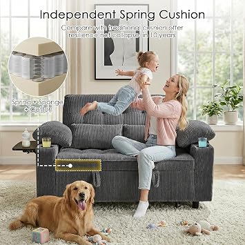 Wakefit 58in Sleeper Sofa Bed, Convertible Pull Out Couch Bed Full Size Corduroy Fabric Loveseat for Living Room, Apartment, Office(Darkgrey)