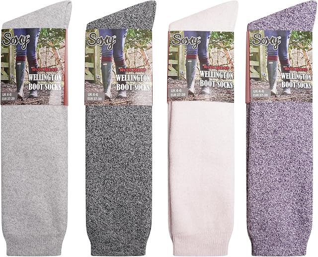 Soxy Ladies Wool Blend Long Wellington Boot Socks - 4 Pack - Women's Welly Socks - The Original Wellie Sock - Festival Walking Hiking Thermal Socks - Assorted Colours - UK Shoe Size 4-6