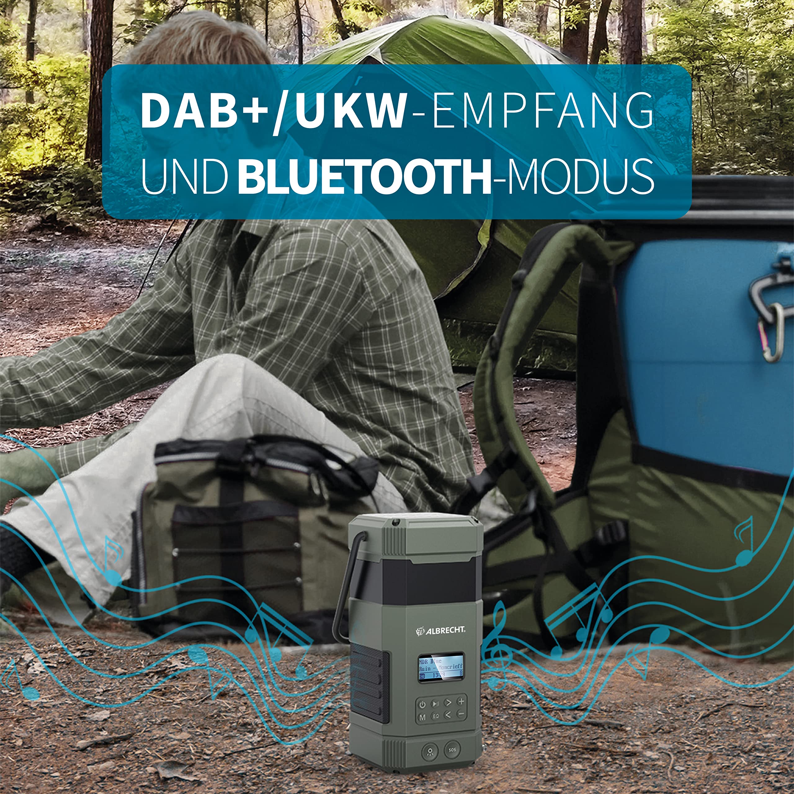Albrecht DR 114, tragbares DAB+/UKW Outdoor Kurbelradio, 27912, SOS-Notruf, Campinglampe, Taschenlampe, Solarmodul, PowerBank, IPX5 Wasserschutz