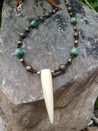 Deer Antler Tip Beaded Stone Necklace Leather Stag Horn Outdoors Rustic Jewelry (AB1)