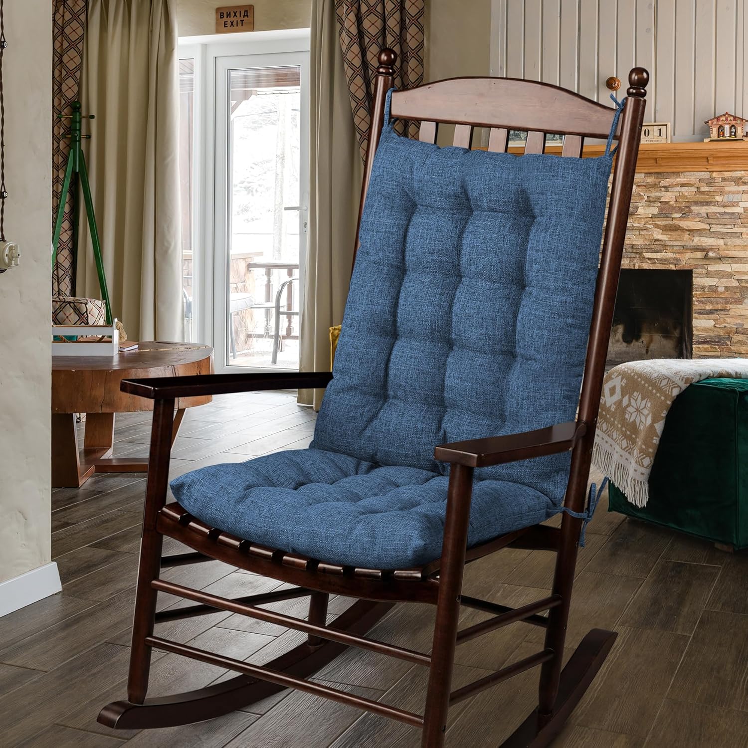 ELFJOY Rocking Chair Cushion Large Rocking Chair Pads with Ties Premium Linen High Back and Seat Cushion 2 Piece Set Linen Navy