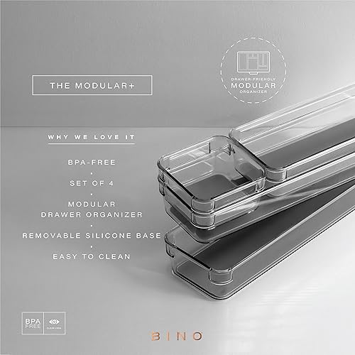 Miniatura 2 de BINO The Modular+ - Juego de 4 cubos organizadores de cajones, color gris, pequeño, almacenamiento multiusos, forro de agarre suave y patas de goma
