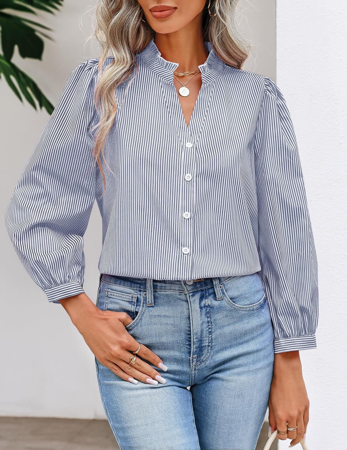 SimpleFun Womens Button Down Shirt Dressy 3/4 Sleeve Striped Blouses Ruffle Vneck Dress Shirts Business Casual Tops