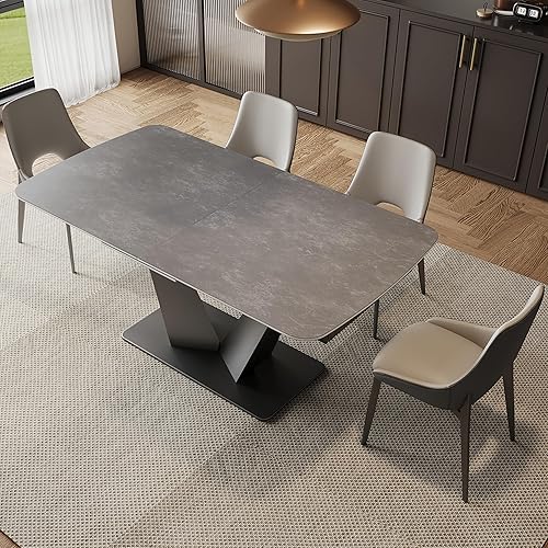 Miniatura 7 de Mesa de comedor extensible para 6-8 personas, moderna mesa de comedor rectangular con parte superior de piedra sinterizada y pedestal de acero al