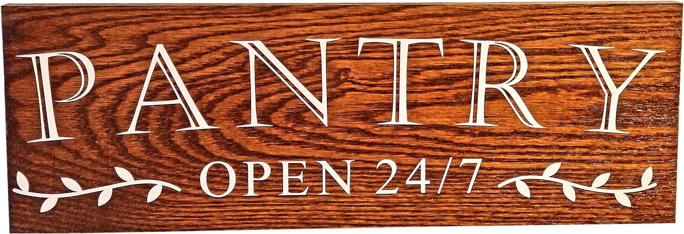 Farmhouse Decor Oak Pantry Sign – Modern Distressed Rustic Wall Decor for Kitchen Pantry Open 24/7 –Wall Mount Hardware Included- Handmade in USA-6x17x3/4 Decal for Kitchen