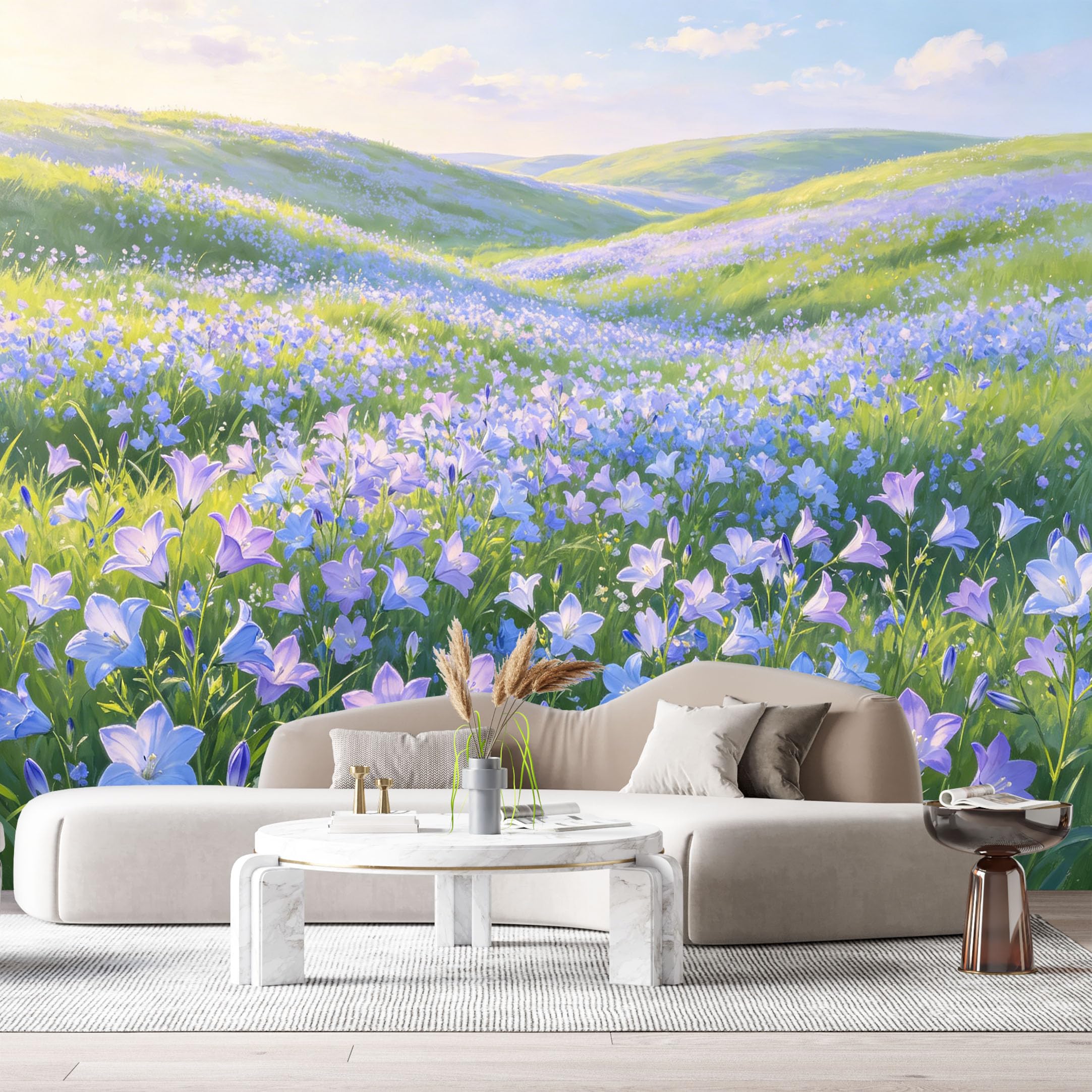 Custom Size Wall Murals Blooming Meadow Landscape Watercolor Bluebell Flowers Rolling Hills SelfAdhesive Wall Fabric Removable Large Wallpaper for Photo Living Room