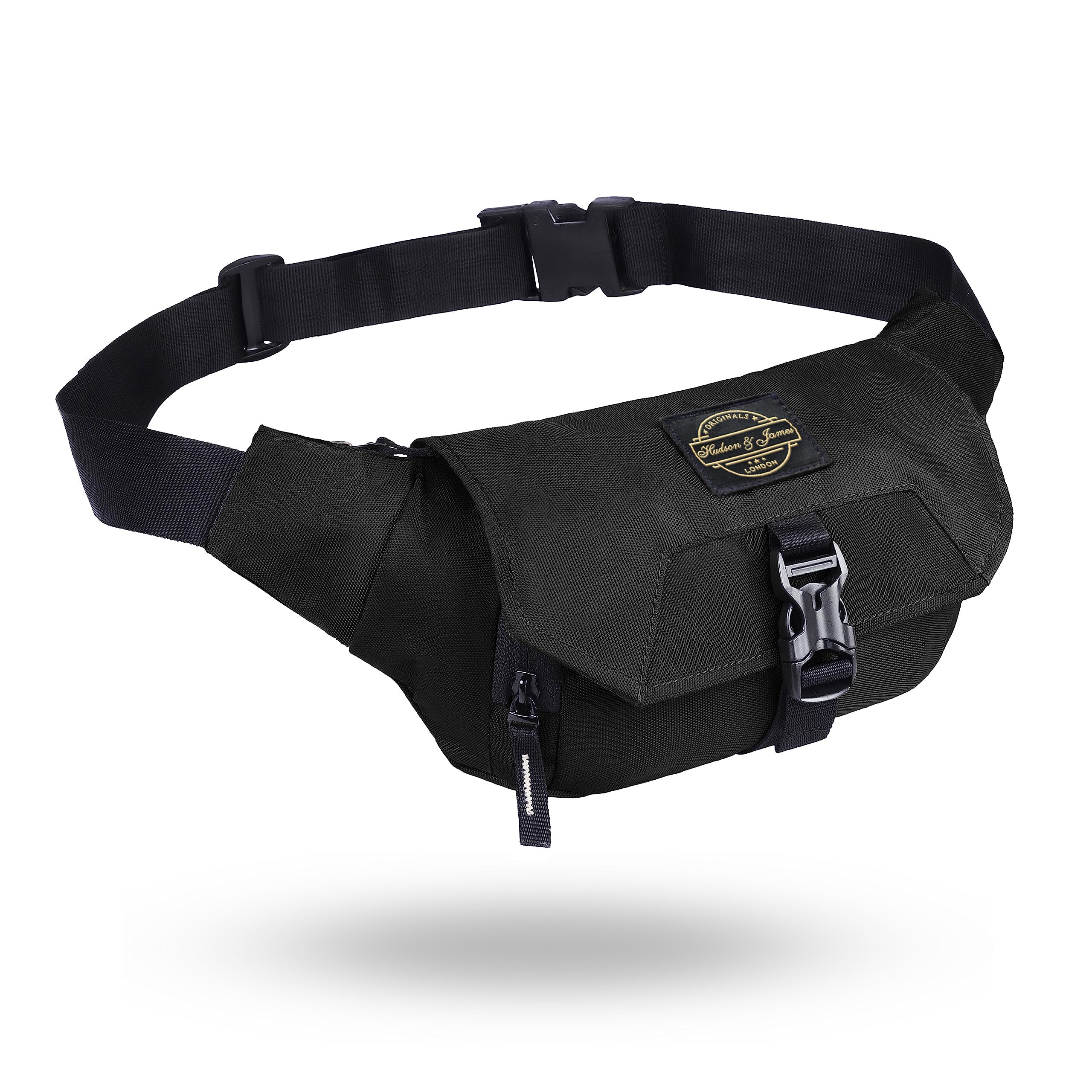 Hudson & James Bumbag Waist Fanny Pack Running Belt for Men Women Unisex Bum Bag Zipper Pockets Adjustable Belt, Waterproof Pocket for Outdoors Workout Hiking Gifts for Men Women (Black)
