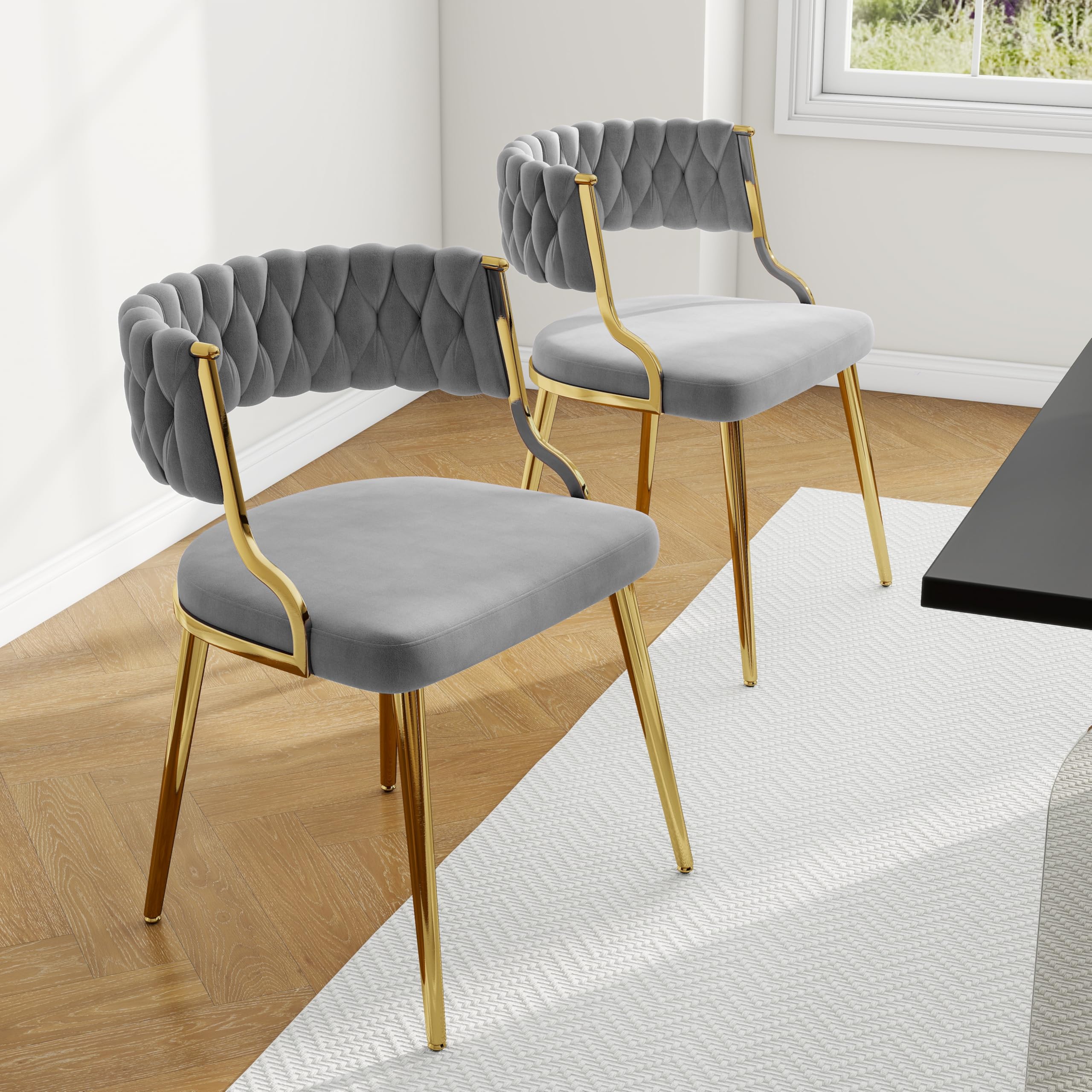 UIXE Velvet Dining Chairs Set of 2, Modern Upholstered Dining Chair with Golden Legs, Woven Accent Chair Side Seats for Living Room, Vanity, Bedroom,