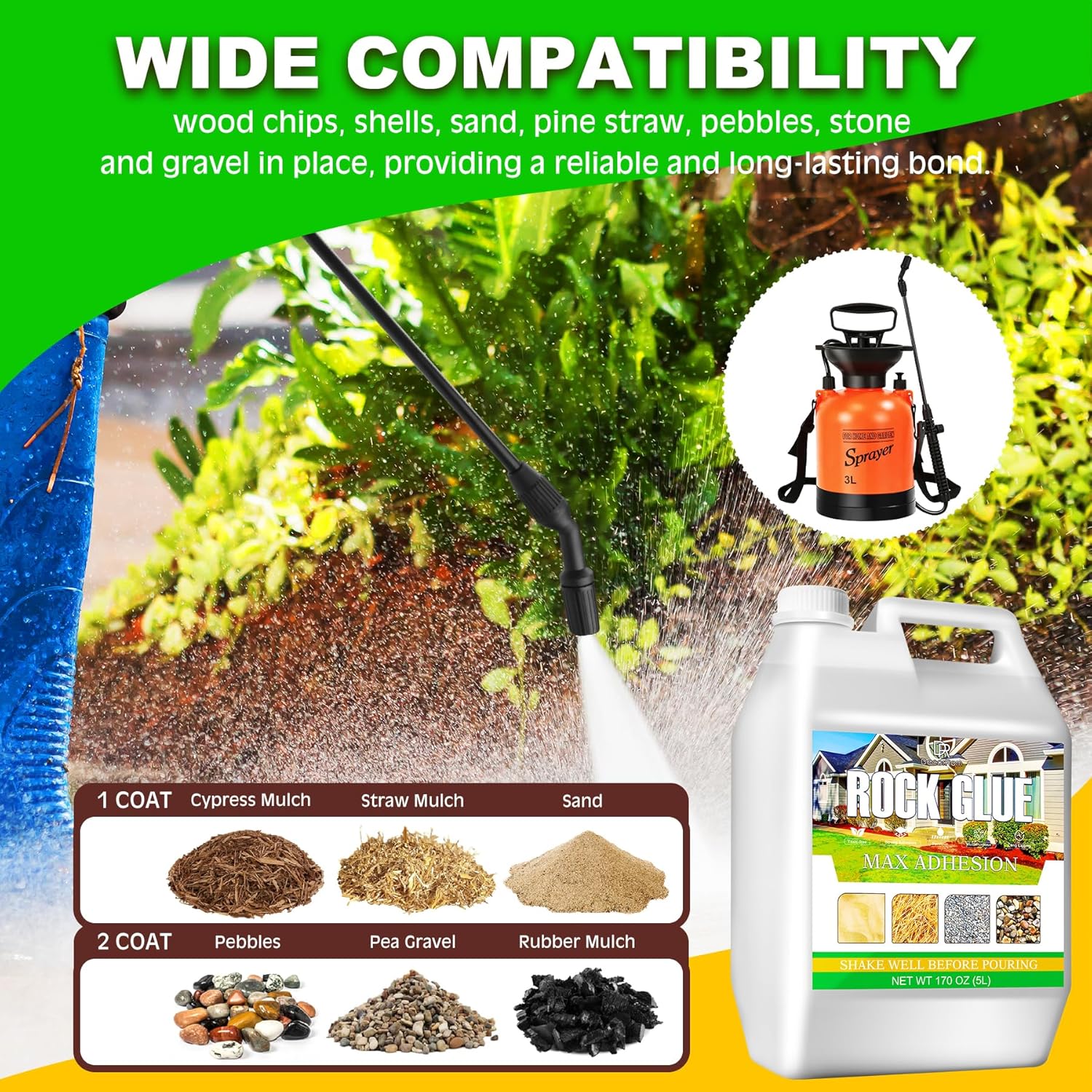 Mulch Glue for Landscaping with Sprayer, 1.3 Gallon Rock Glue, Strong Adhesion Fast-Drying Non-Toxic Gravel Glue for Locking Rubber, Cobblestone, Dry Straw, Rock Gravel, Wood Chips, Shells and Sand