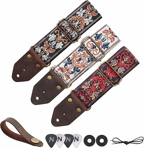 Miniatura 5 de Nefelibata Correa de guitarra, correas de guitarra de algodón bordado jacquard con extremos de cuero de caballo loco para bajo, eléctrico y