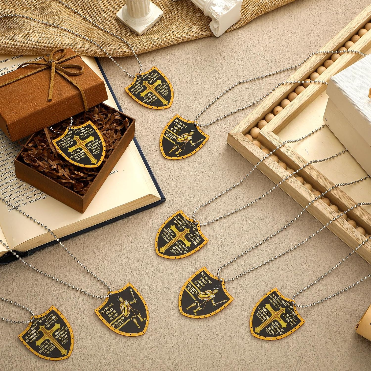 Sureio 48 Pcs Put on The Whole Armor Dog Tag Independence Day Christian Necklaces Gifts Bulk Inspirational Prayer Military Knight Dog Tag Necklace Pendant for Men Father's Day Favor Gift - Image 2
