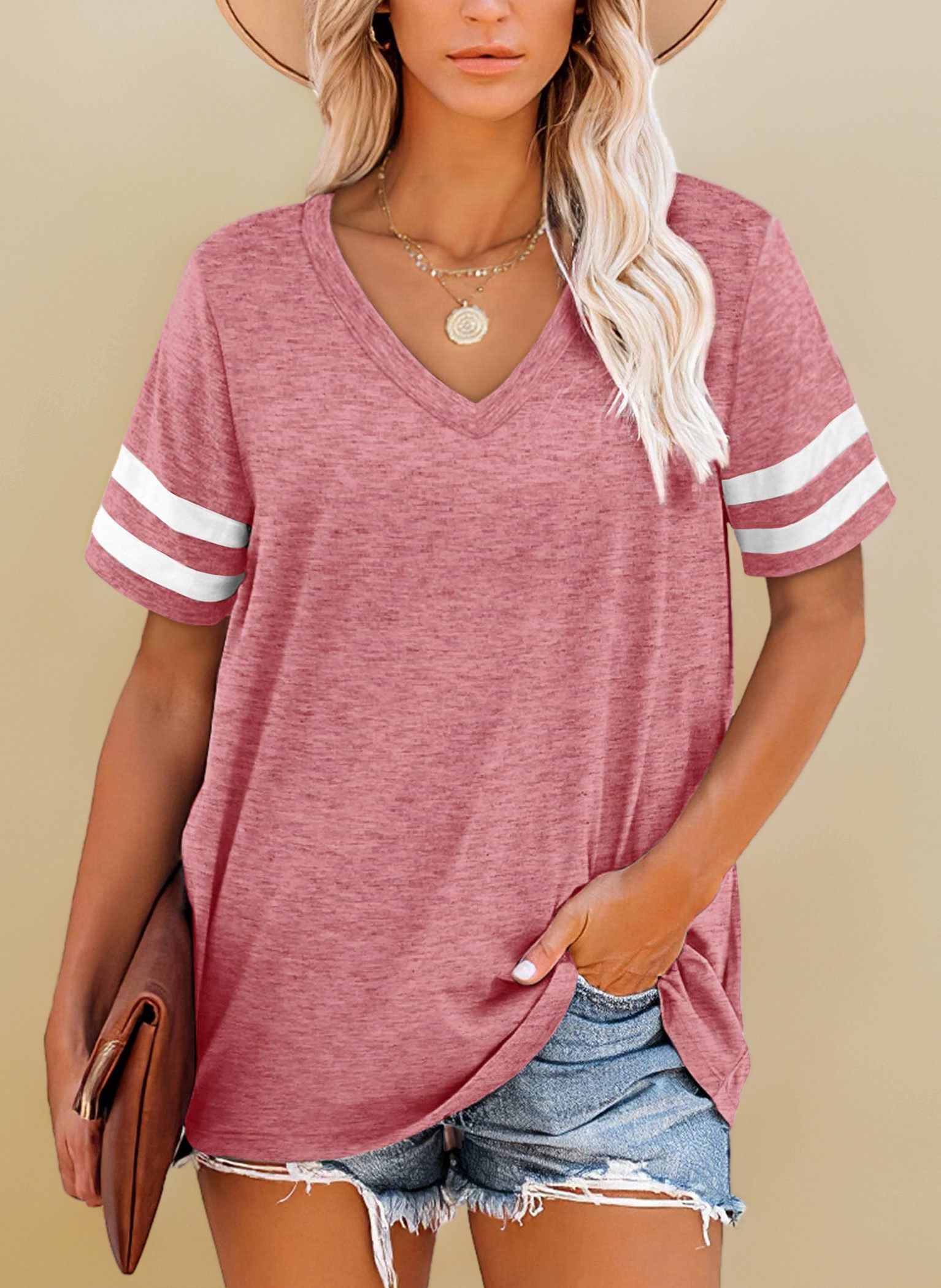 MOLERANI T Shirts for Women Short Sleeve V Neck Striped Summer Tops Casual Loose Tee S-2XL