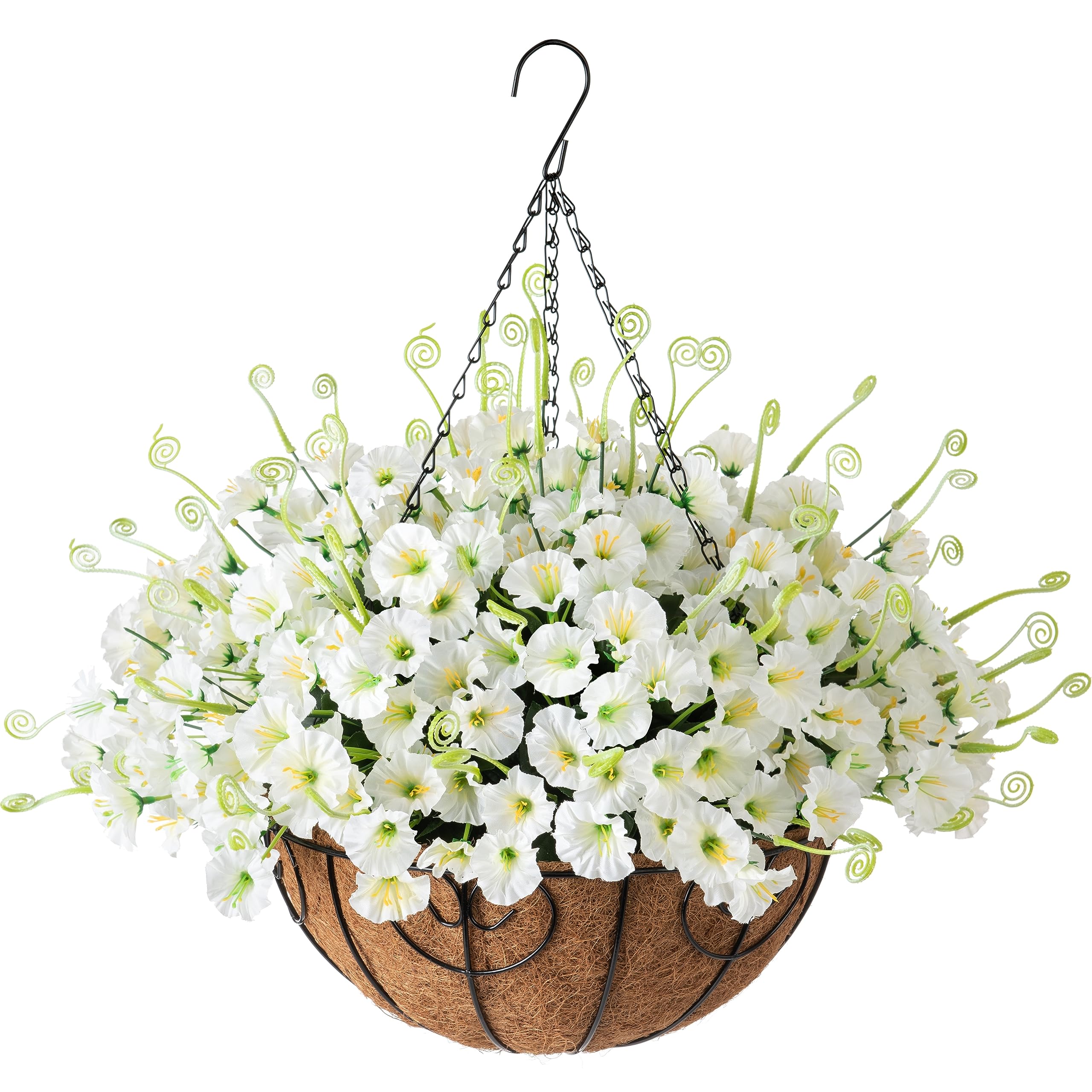 Artificial Fake Hanging Flowers Plants with Basket Outdoor, Faux Silk Potted White Morning Glory in Pot Planter for Home Garden Porch Yard Patio Decoration, 12 Bundles with Basket