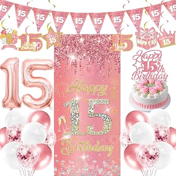 15th Birthday Girl Decoration Set - 29 Pieces Rose Gold Glitter Happy Birthday Decoration Bunting Cake Decoration with Background Number Balloon Swirl for 15th Year Birthday Party Decoration