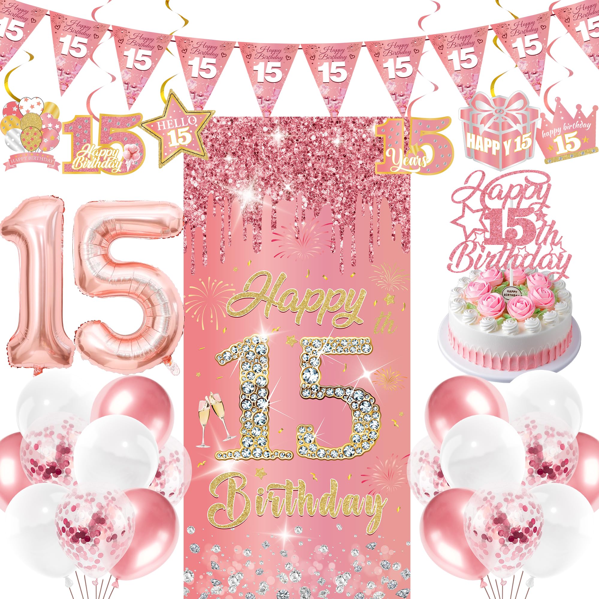15th Birthday Decorations Balloons Girls - 29 Pcs Rose Gold Triangle Banner