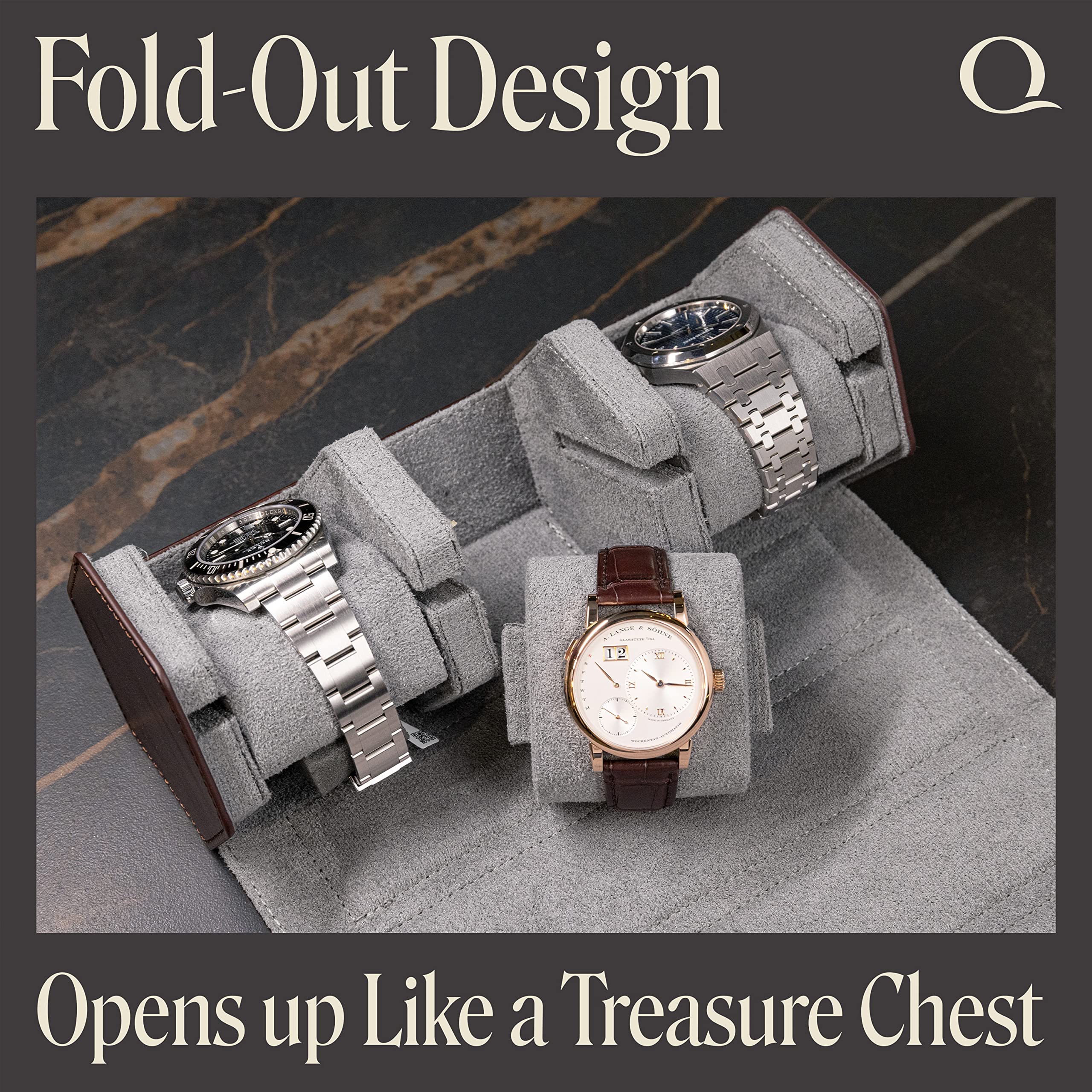 QWATCHBANDS Estuche de viaje de cuero para 3 relojes, marrón/gris