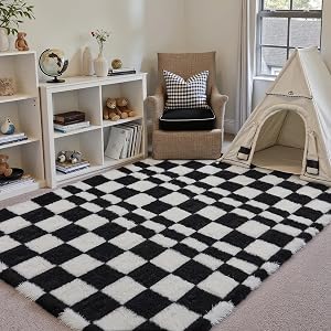5x8 Checkered Fluffy Area Rug for Living Room Bedroom Black White Kids Room Carpet High Pile Washable Non-Slip Tapis Salon Soft Shag Rug for Nursery Large Modern Neutral Thick Plush Fuzzy