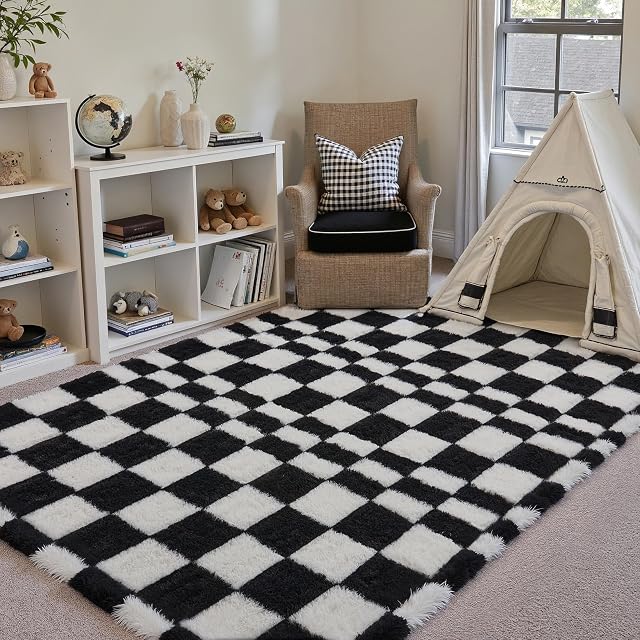 5x8 Chambre à coucher Chambre noire Blanc Chambre pour enfants Tapis de bain Lavable à la main Tatis Salon Soft Shag Rug pour nourrice Grand moderne Neutre en peluche Fuzzy