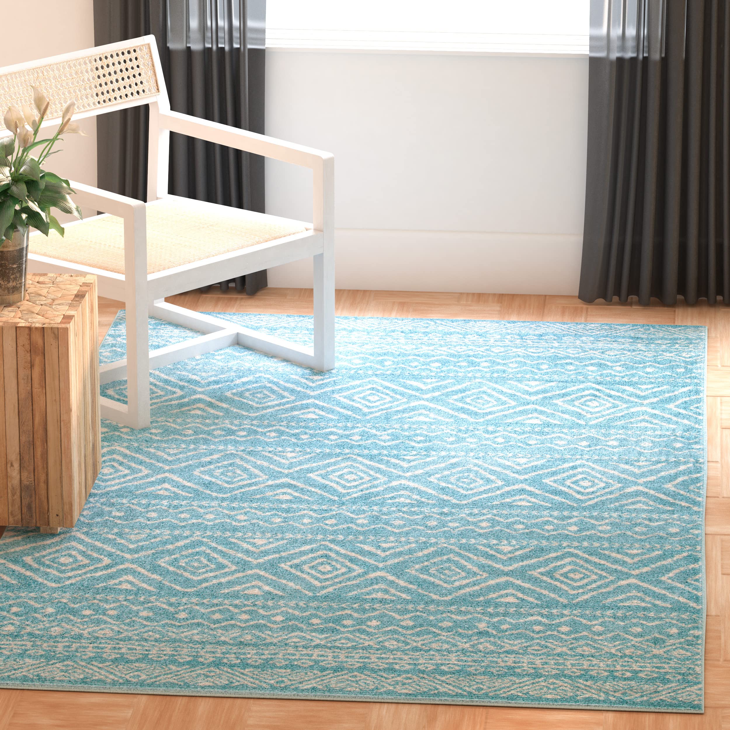 SAFAVIEH Tulum Collection Area Rug - 5'3" x 7'6", Turquoise & Ivory, Moroccan Boho Distressed Design, Non-Shedding & Easy to Clean, Ideal for Living