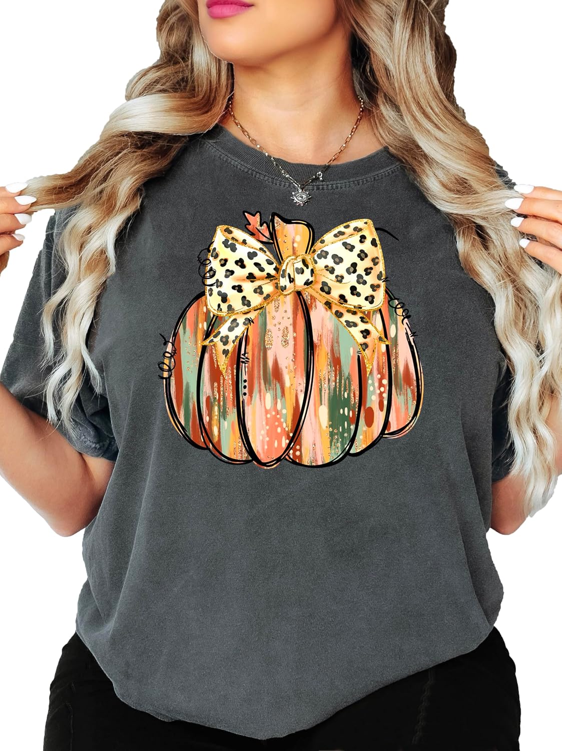 Fall Pumpkin and Bow Shirt for Women and Teens Cute Trendy Pumpkin Tee