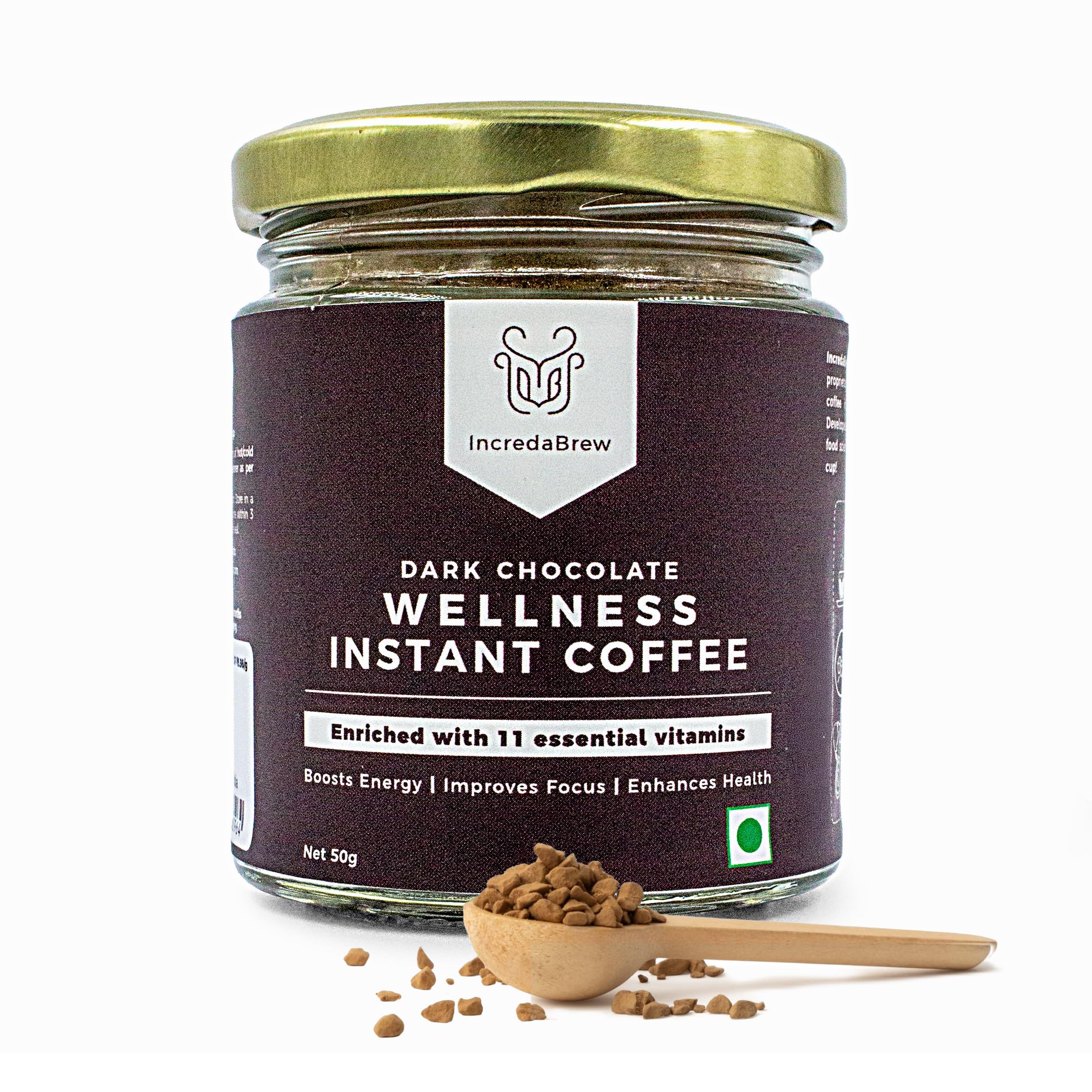 IncredaBrew Dark Chocolate Wellness Instant Coffee Powder - 50g, Vitamin Rich Dark Chocolate Coffee | Makes 25 Cups of Flavoured Coffee