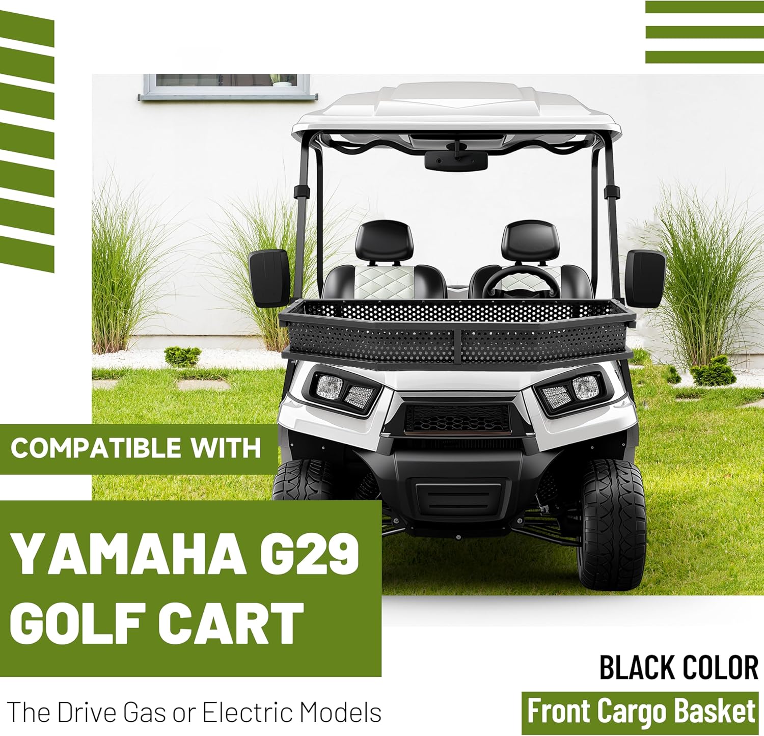 HECASA Front Cargo Basket Compatible with Yamaha G29 The Drive Golf Cart Gas OR Electric Black Steel Front Clays Goods Mesh Rack with Mouting Brackets