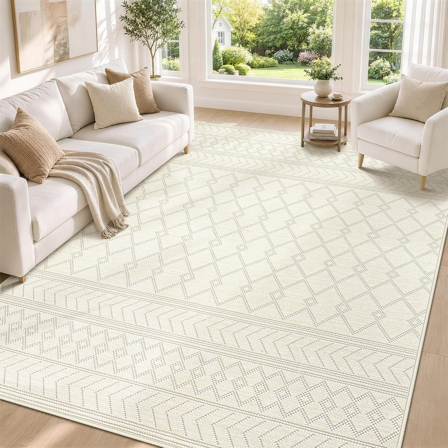 Gent drizz 5x7 Area Rug for Living Room,Washable Beige Rugs Non Slip Low Pile Modern Geometric Carpet Neutral Large Soft Rug for Bedroom Dining Room Home Office Decor(Beige,5'x7')