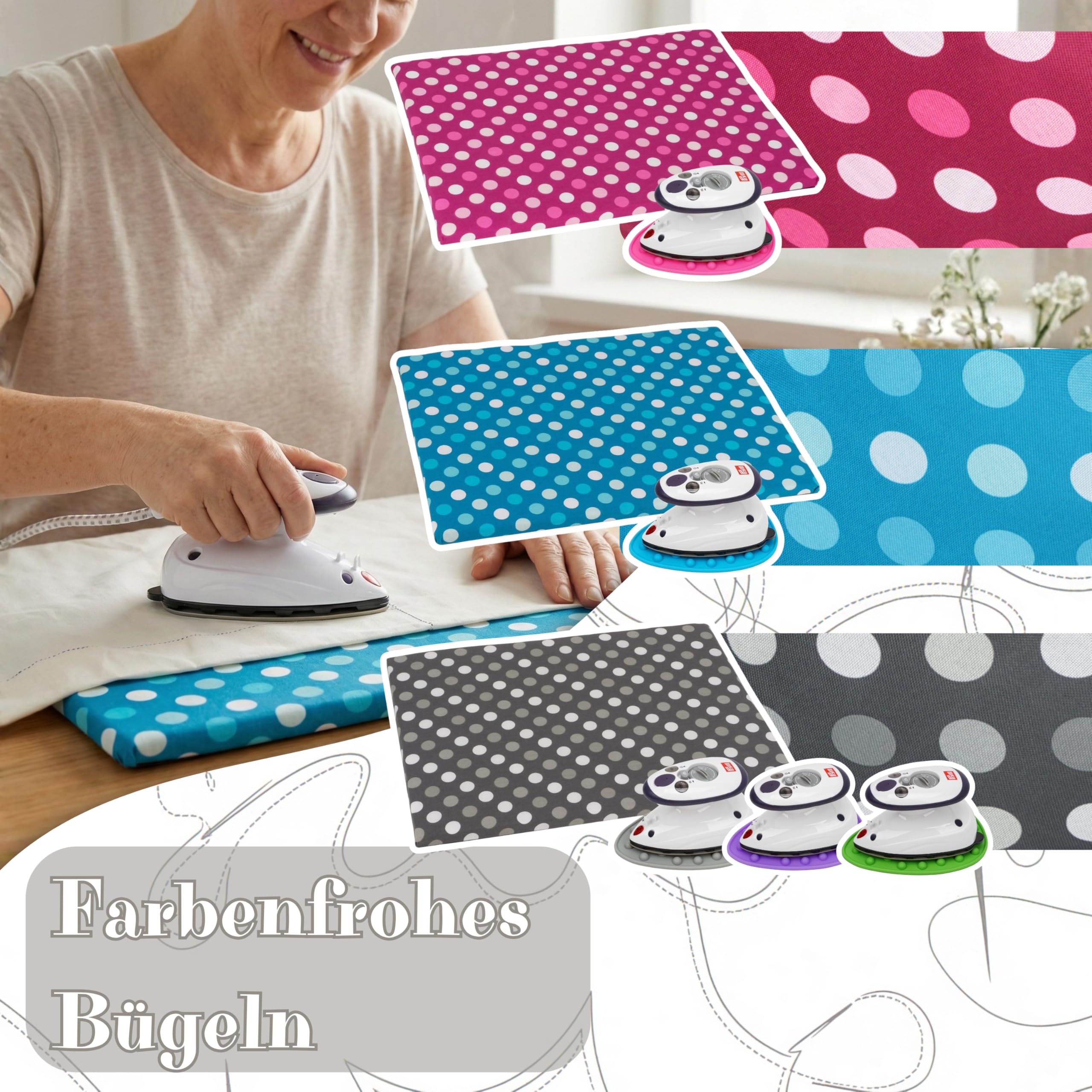 SEMPLIX Bügel Set – Bügelunterlage mit rutschhemmender Rückseite 30 x 40 cm, Mini Bügeleisenablage 10,5 x 15,5 cm, Prym Mini Dampf Bügeleisen (grün)