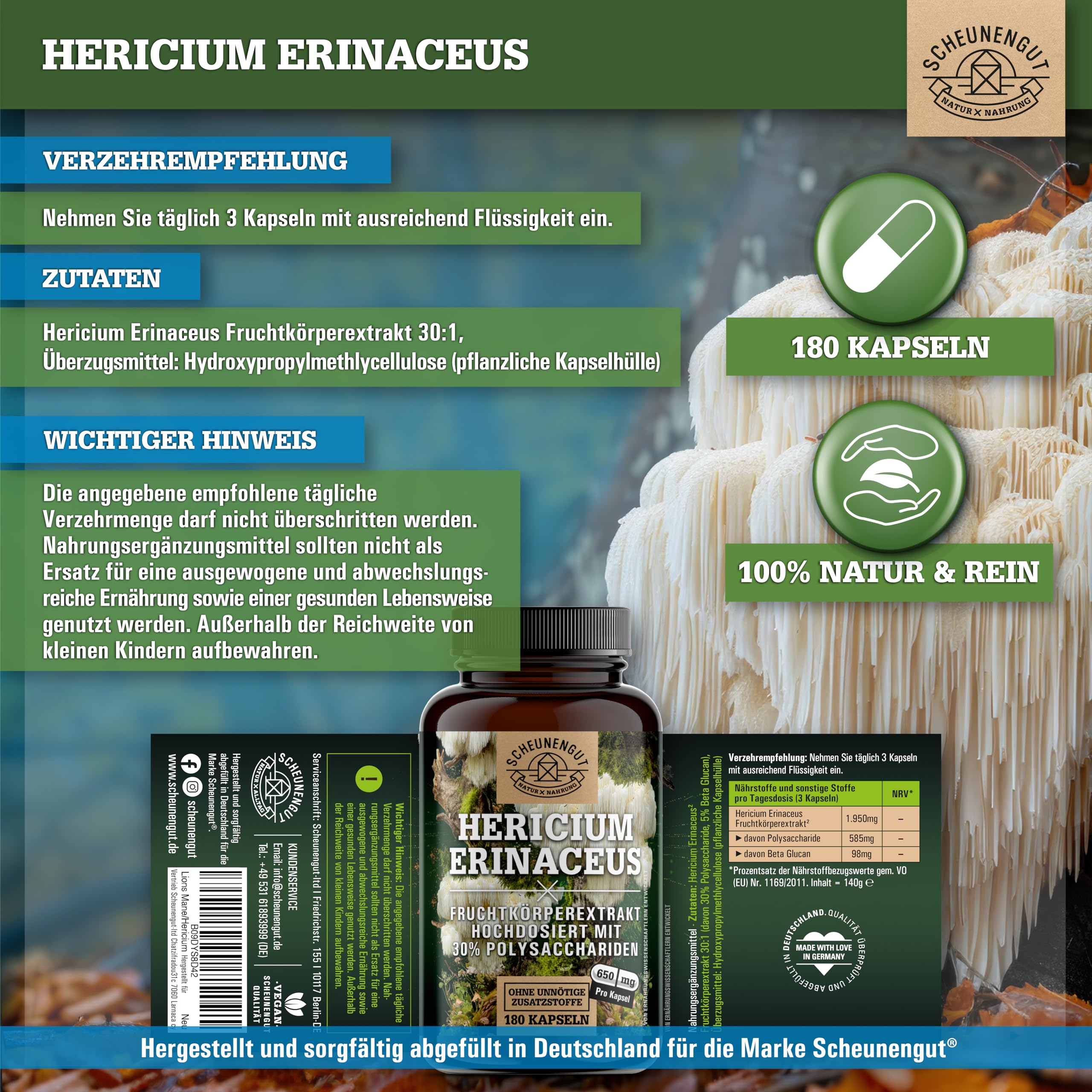 Lions Mane 1950mg -WICHTIG: 30:1 Extrakt (=58500mg Hericium Erinaceus pro Tagesdosis) +30% Polysaccharide +5% Beta Glucan -Lions Mane Kapseln- Vegan + Laborgeprüft DE SCHEUNENGUT®