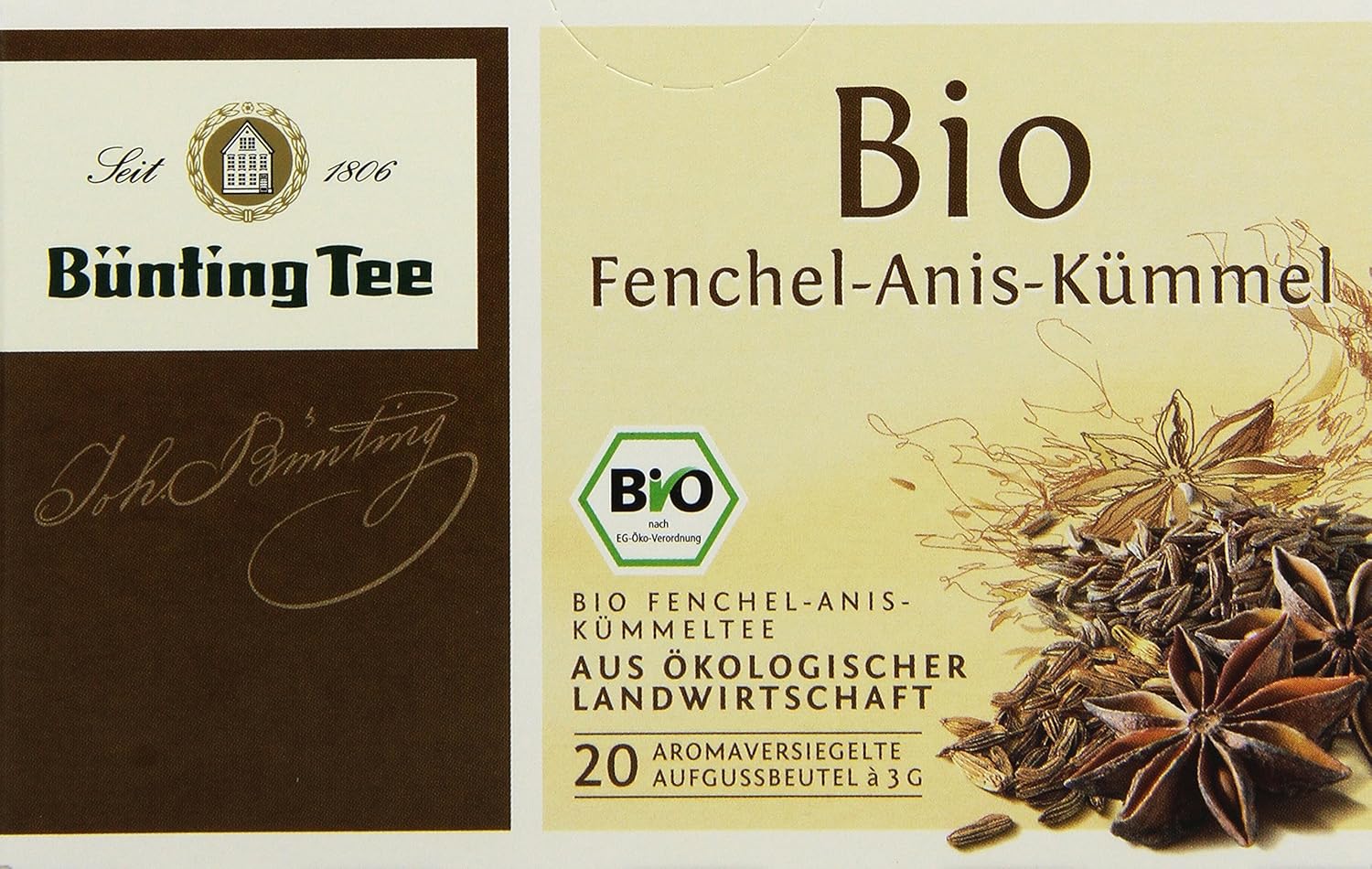 Bünting Tee Bio Fenchel-Anis-Kümmel 20 x 3 g Beutel, 4er Pack (4 x 60 g ...