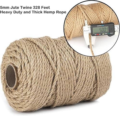Miniatura 3 de Cuerda de yute trenzada natural de 0.197 in y 328 pies, cuerda de yute marrón resistente y gruesa para manualidades, jardinería, agrupación,