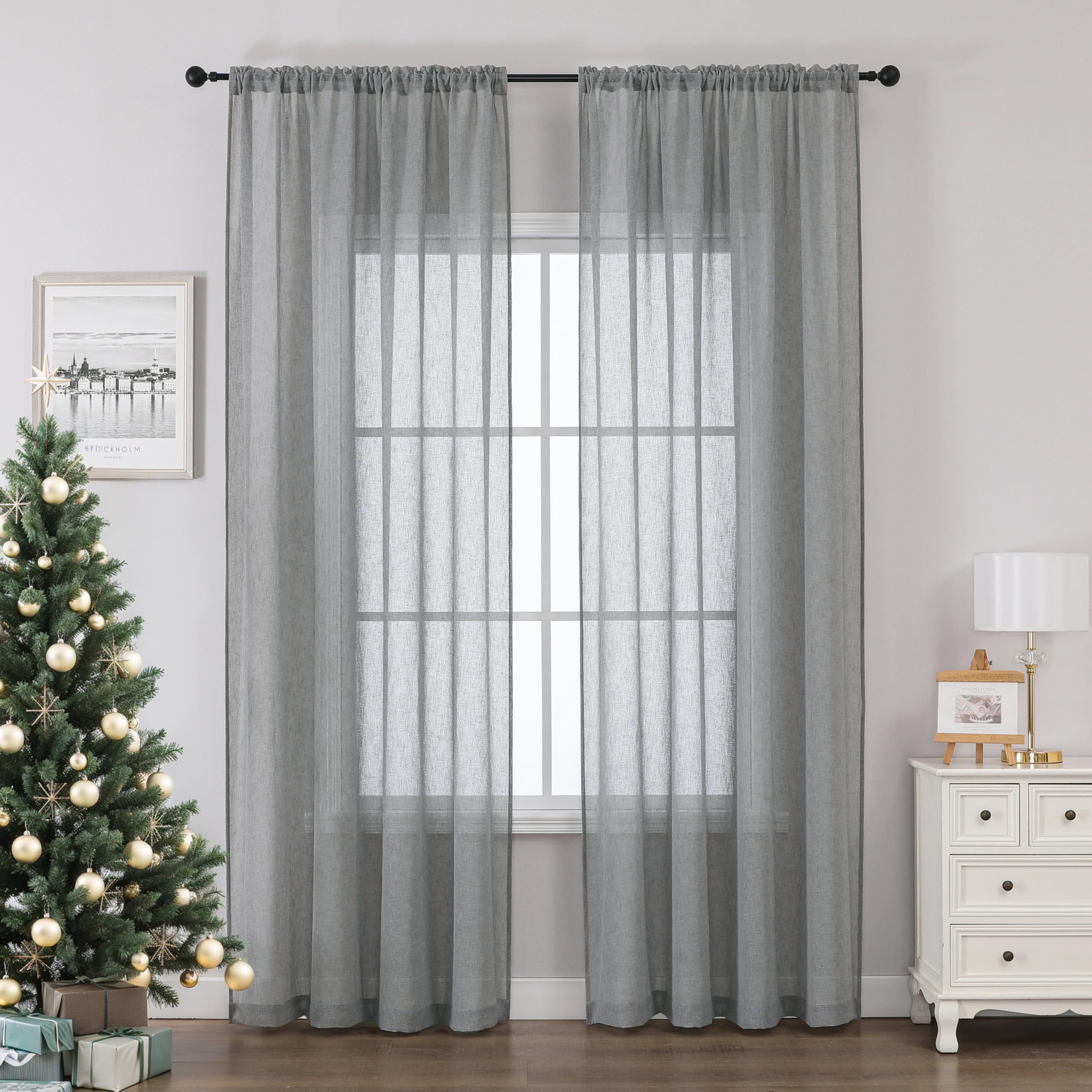 Bujasso Grey Semi Transparent Elegant Sheer Curtains for Windows Home Decoration And Privacy Protected Linen Textured Drapes Window Treatment Sets Rod Pocket 2 Panels 55" Wx72 L,Gray