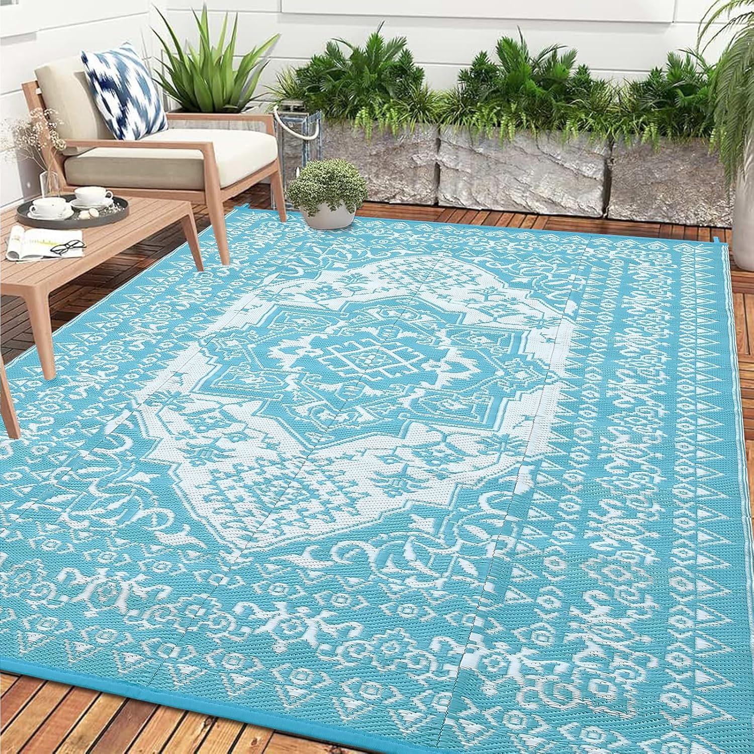 COZYLOOM Outdoor Rug 9x18 Waterproof Reversible Plastic Straw Mat, Large Patio Rug Vintage Medallion Area Rug Indoor Outdoor Rugs for Deck, Balcony, Camping, Beach, Picnic, Porch Medallion Light Blue&white 9' x 18' (Rectangular)