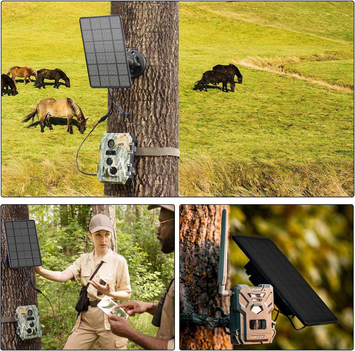 LIYVZ Trail Camera Solar Panel with Bulit-in 5000mAh Battery 2 Pack, 3W Solar Panel for Trail Camera IP66 Waterproof Multi Interfaces with USB-C & DC 6V/9V/12V Output, 360° Adjustable