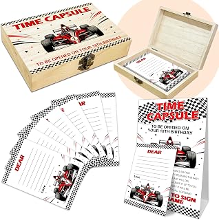Baby Time Capsule Box Kit, 50 Pcs Race Car Time Capsule Cards For 1st Birthday Decor, Black White Checkered Boy Baby Shower Party Activities Games, Guest Book Keepsake Memory Box Gifts (A07)
