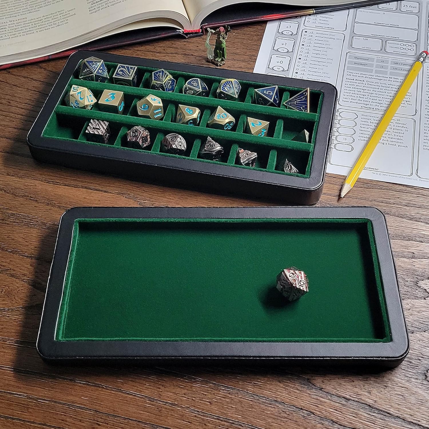 Forged Dice Co. Premium Large Divided Case - Combined Box and Tray - Holds Polyhedral Sets - 21 Felt-Lined Chambers - Magnetic Lid Closure - Perfect Metal Storage Box - Green