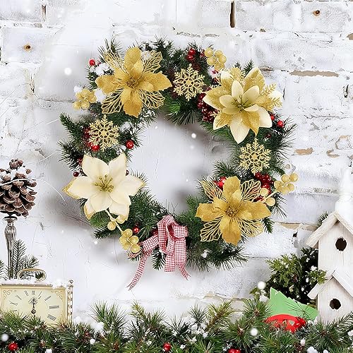 Miniatura 4 de Juego de 59 piezas de decoración para árbol de Navidad, adornos dorados a granel con copos de nieve colgantes con purpurina, flores de pascua